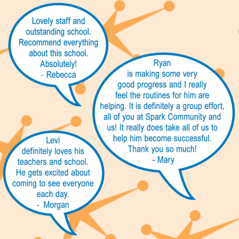 Testimonials, first: Lovely staff and outstanding school Recommend everything about this school. Absolutely! - Rebecca; second: Ryan is making some very good progress and I really feel the routines for him are helping. It is definitely a group effort, all of you at Spark Community and us! IT really does take all of us to help him become successful. Thank you so much! - Mary; third: Levi definitely loves his teachers and school. He gets excited about coming to see everyone each day. - Morgan