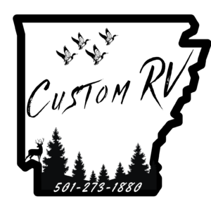 Custom RV logo using silhouettes of ducks, trees and deer