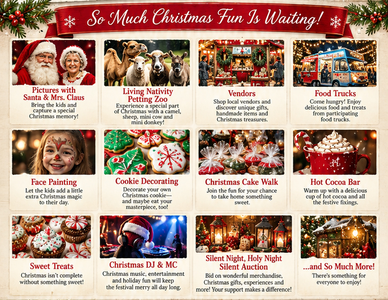 Grid of images depicting what to expect at the Jingle Bells and Horse Tails festival: Pictures with Santa, Nativity petting zoo, vendors, food trucks, face painting, cookie decorating, cake walk, cocoa, sweets, music, and an aution.
